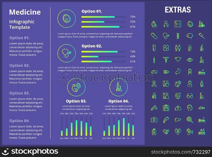 Medicine infographic template, elements and icons. Infograph includes customizable graphs, four options, line icon set with medical stethoscope, disable person, hospital doctor, first aid kit etc.. Medicine infographic template, elements and icons.