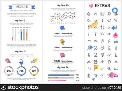 Medicine infographic template, elements and icons. Infograph includes customizable graphs, options, line icon set with medical stethoscope, disable person, hospital doctor, nurse, first aid kit etc.. Medicine infographic template, elements and icons.