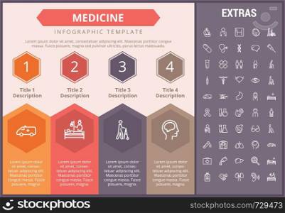 Medicine infographic timeline template, elements and icons. Infograph includes numbered options, line icon set with medical stethoscope, disable person, hospital doctor, nurse, first aid kit etc.. Medicine infographic template, elements and icons.