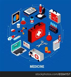 Medicine isometric concept with medical equipment for treatment and diagnostics on blue background 3d vector illustration. Medicine Isometric Concept