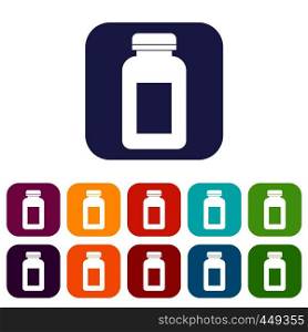 Medicine jar icons set vector illustration in flat style In colors red, blue, green and other. Medicine jar icons set flat