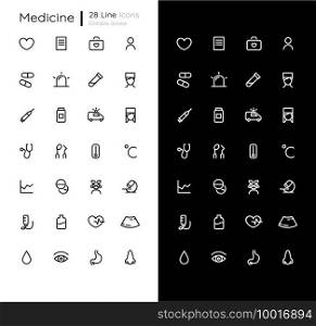 Medicine linear icons set for dark and light mode. Health care. Doctor consultation. Medical treatment. Mobile UI. Customizable thin line symbols. Isolated vector outline illustration. Editable stroke. Medicine linear icons set for dark and light mode