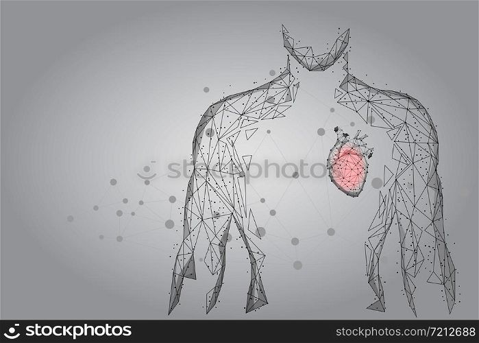 Medicine low poly man silhouette with heart consisting of points, lines, and shapes. Online doctor technology vector illustration