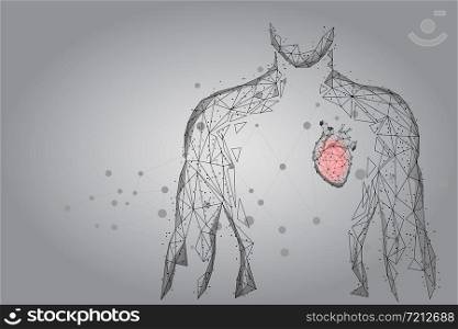 Medicine low poly man silhouette with heart consisting of points, lines, and shapes. Online doctor technology vector illustration