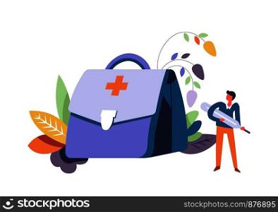 Medicine man, holding big syringe for injection vector. Male ready to take shot, bag with typical cross sign full of medicament. Foliage and leaves decorative elements set by doctors handbag. Medicine man holding big syringe for injection vector