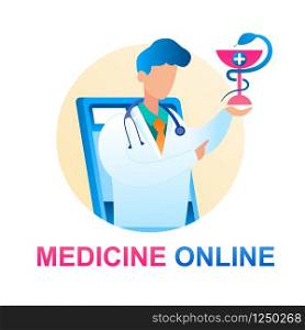 Medicine Online Consultation Doctor Pediatrician. Banner Illustration Man White Medical Gown with Monitor Screen Tablet. Holding Sign Medical Institution, Serpent Wrapped Around Cross with an Emblem
