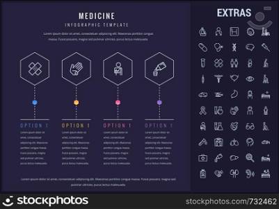 Medicine options infographic template, elements and icons. Infograph includes line icon set with medical stethoscope, disabled person, hospital doctor, first aid kit, healthcare professionals etc.. Medicine infographic template, elements and icons.