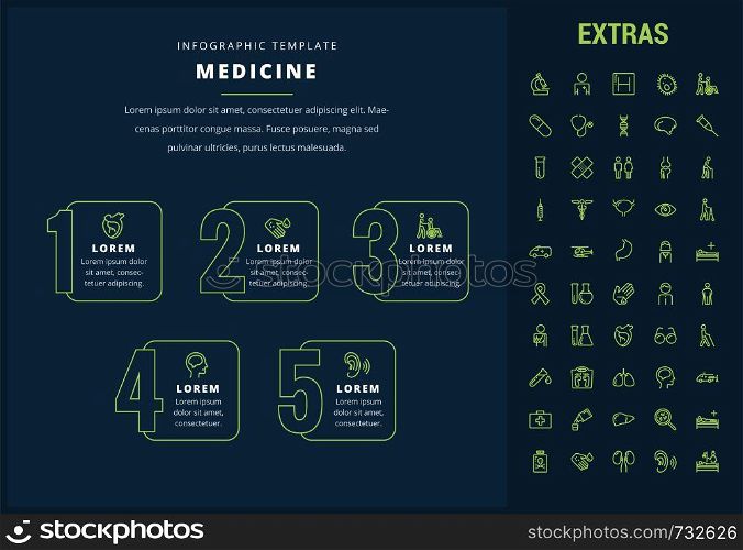 Medicine options infographic template, elements and icons. Infograph includes line icon set with medical stethoscope, disabled person, hospital doctor, first aid kit, healthcare professionals etc.. Medicine infographic template, elements and icons.