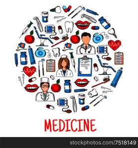 Medicine or healthcare equipment icons in round shape. Nurse and doctor wearing stethoscope, physician and pill, salve and thermometer, dental chair and syringe, mouth with lips and braces on teeth, dental chair and tooth implant, sphygmomanometer.. Medicine equipment icons in round shape