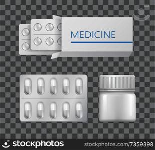 Medicine packaging drugs in silver blister with painkiller or antibiotic pills in plastic container. Pack of capsules for medical treatment, transparent. Medicine Packaging Drugs Silver Blister Painkiller
