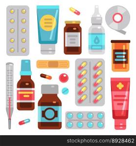 Medicine pharmacy drugs pills medicament bottles vector image