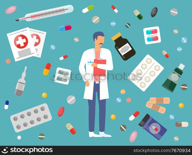 Medicine, pharmacy hospital set of medicines in various forms. Medication, pharmaceutics concept. Doctor and medicines. Set of tablets, blister, spray, syrup, syringe, patch for sickness treatment. Medicine, pharmacy, hospital set of medicines in various forms. Medication, pharmaceutics concept