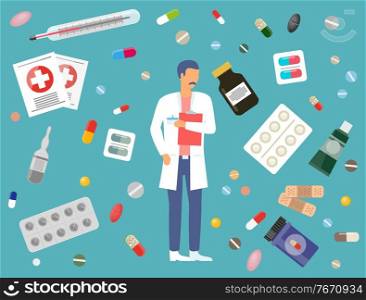 Medicine, pharmacy hospital set of medicines in various forms. Medication, pharmaceutics concept. Doctor and medicines. Set of tablets, blister, spray, syrup, syringe, patch for sickness treatment. Medicine, pharmacy, hospital set of medicines in various forms. Medication, pharmaceutics concept