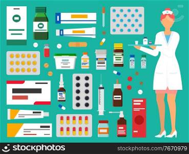 Medicine, pharmacy, hospital set of medicines in various forms. Medication, pharmaceutics concept. Nurse and medicines. Set of tablets, blister, spray, syrup, syringe, injection for sickness treatment. Medicine, pharmacy, hospital set of medicines in various forms. Medication, pharmaceutics concept