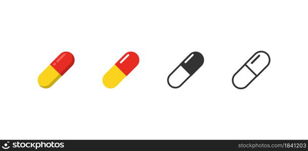 Medicine pill and drug set icon. Flat vector illustration