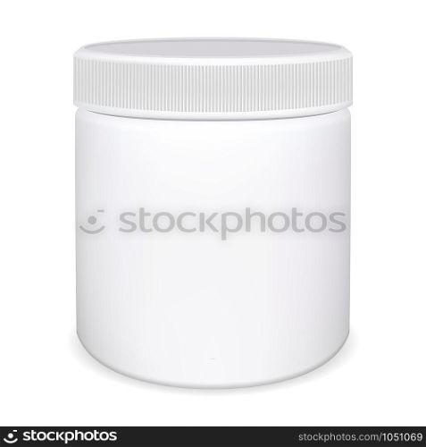 Medicine pill bottle. Plastic vitamin jar. Package mockup blank for capsule. Supplement container 3d design template. Supplement packaging rof remedy. Sport nutrition protein canister. Medicine pill bottle. Vitamin jar. Package mockup