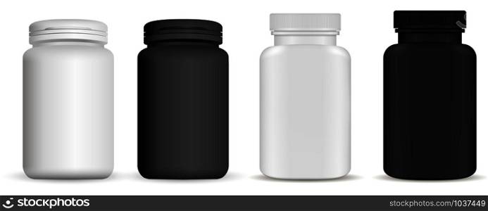 Medicine pill bottle. Vitamin package mockup. Plastic supplement jar 3d vector blank. Pharmaceutical product container isolated on backaground. Pharmacy remedy pack. Realistic vertical drug set. Medicine pill bottle. Vitamin package mockup. Jar