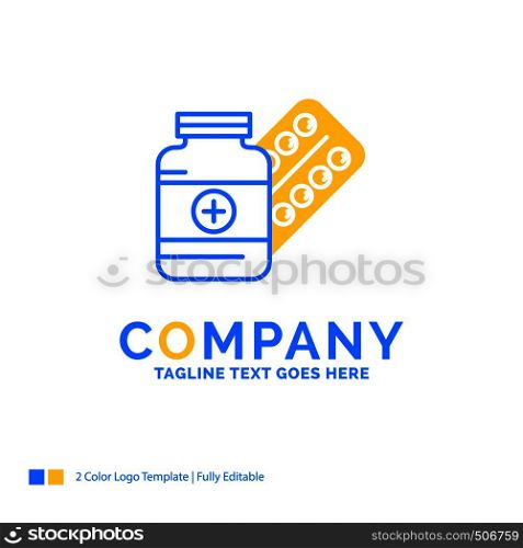 medicine, Pill, capsule, drugs, tablet Blue Yellow Business Logo template. Creative Design Template Place for Tagline.