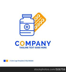 medicine, Pill, capsule, drugs, tablet Blue Yellow Business Logo template. Creative Design Template Place for Tagline.
