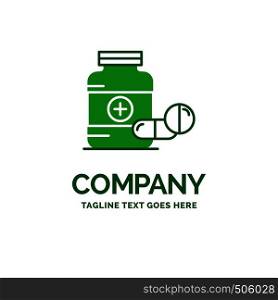 medicine, Pill, capsule, drugs, tablet Flat Business Logo template. Creative Green Brand Name Design.