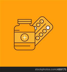 medicine, Pill, capsule, drugs, tablet Flat Line Filled Icon. Beautiful Logo button over yellow background for UI and UX, website or mobile application. Vector EPS10 Abstract Template background