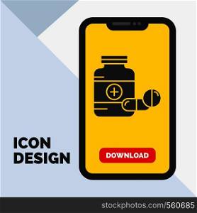 medicine, Pill, capsule, drugs, tablet Glyph Icon in Mobile for Download Page. Yellow Background. Vector EPS10 Abstract Template background