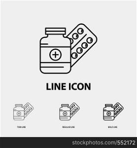 medicine, Pill, capsule, drugs, tablet Icon in Thin, Regular and Bold Line Style. Vector illustration. Vector EPS10 Abstract Template background