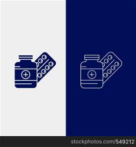 medicine, Pill, capsule, drugs, tablet Line and Glyph web Button in Blue color Vertical Banner for UI and UX, website or mobile application. Vector EPS10 Abstract Template background
