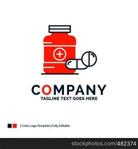 medicine, Pill, capsule, drugs, tablet Logo Design. Blue and Orange Brand Name Design. Place for Tagline. Business Logo template.