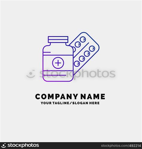 medicine, Pill, capsule, drugs, tablet Purple Business Logo Template. Place for Tagline. Vector EPS10 Abstract Template background