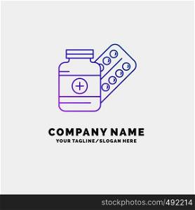 medicine, Pill, capsule, drugs, tablet Purple Business Logo Template. Place for Tagline. Vector EPS10 Abstract Template background