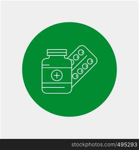 medicine, Pill, capsule, drugs, tablet White Line Icon in Circle background. vector icon illustration. Vector EPS10 Abstract Template background