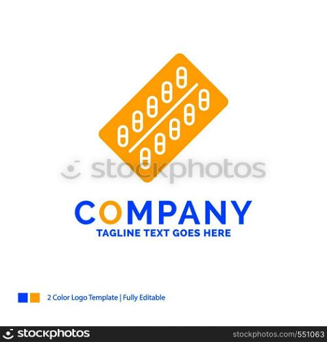 medicine, Pill, drugs, tablet, packet Blue Yellow Business Logo template. Creative Design Template Place for Tagline.