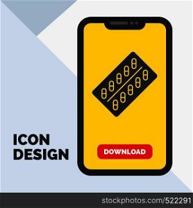 medicine, Pill, drugs, tablet, packet Glyph Icon in Mobile for Download Page. Yellow Background. Vector EPS10 Abstract Template background