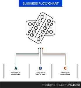 medicine, Pill, drugs, tablet, patient Business Flow Chart Design with 3 Steps. Line Icon For Presentation Background Template Place for text. Vector EPS10 Abstract Template background