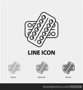 medicine, Pill, drugs, tablet, patient Icon in Thin, Regular and Bold Line Style. Vector illustration. Vector EPS10 Abstract Template background