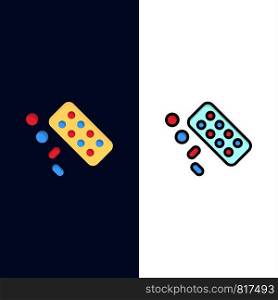 Medicine, Pill, Tablet, Treatment Icons. Flat and Line Filled Icon Set Vector Blue Background
