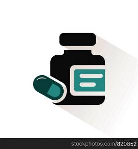 Medicine pills and capsules bottle icon with beige shadow. Pharmacy vector illustration