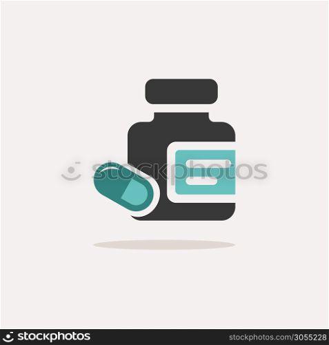 Medicine pills and capsules bottle. Icon with shadow on a beige background. Pharmacy flat vector illustration
