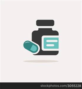 Medicine pills and capsules bottle. Icon with shadow on a beige background. Pharmacy flat vector illustration