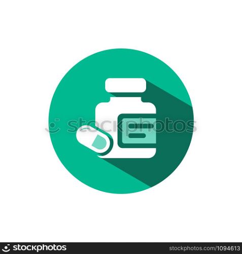 Medicine pills and capsules bottle icon with shadow on a green circle. Flat color vector pharmacy illustration