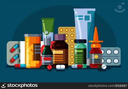 Medicine. Pills, capsules and glass meds bottles with medicine, tubes with ointment, medication spray. Pharmacological vector healthcare concept. Medicine. Pills, capsules and glass meds bottles with medicine, tubes with ointment, medication spray. Pharmacological vector concept