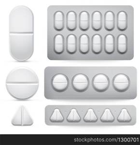 Medicine pills. Vector illustration set, tablets in pack. Medical pharmaceutical, pharmacy pill antibiotic. Medicine pills. Vector illustration set, tablets in pack