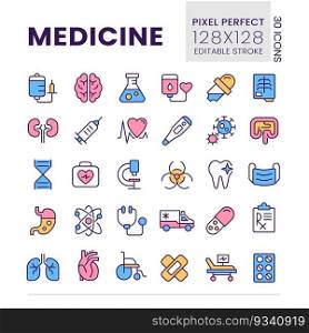 Medicine pixel perfect RGB color icons set. Medical service. First aid. Hospital procedures. Isolated vector illustrations. Simple filled line drawings collection. Editable stroke. Poppins font used. Medicine pixel perfect RGB color icons set