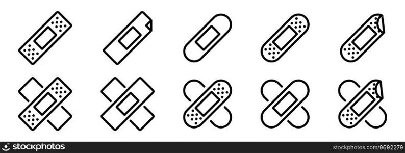 Medicine plaster vector icon set. Plaster collection. Medical plasters. Adhesive bandages. Medical elastic patch icons. EPS 10
