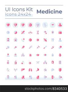 Medicine related flat gradient two-color ui icons set. Healthcare. Hospital and clinic. Vector isolated RGB pictograms. GUI, UX design for web, mobile. Montserrat Bold, Light fonts used. Medicine related flat gradient two-color ui icons set