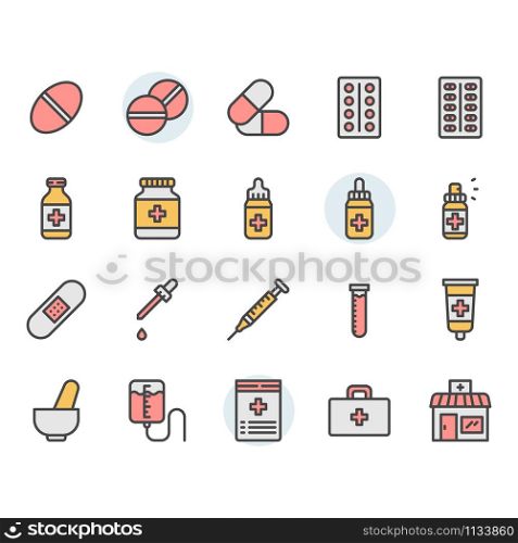 Medicine related icon and symbol set in color outline design