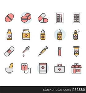 Medicine related icon and symbol set in color outline design