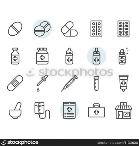 Medicine related icon and symbol set in outline design