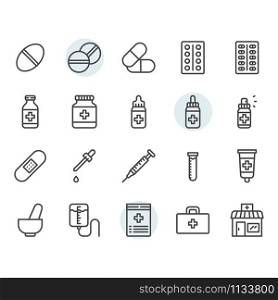 Medicine related icon and symbol set in outline design